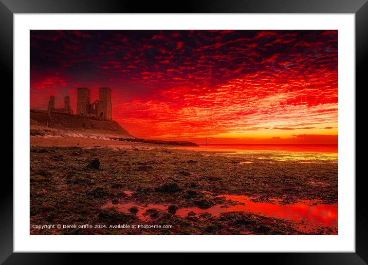 Blazing sunset over the historic Reculver Towers Framed Mounted Print by Derek Griffin