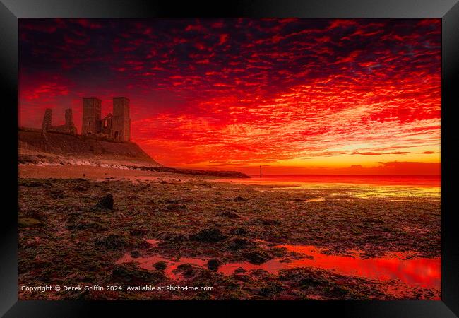 Blazing sunset over the historic Reculver Towers Framed Print by Derek Griffin