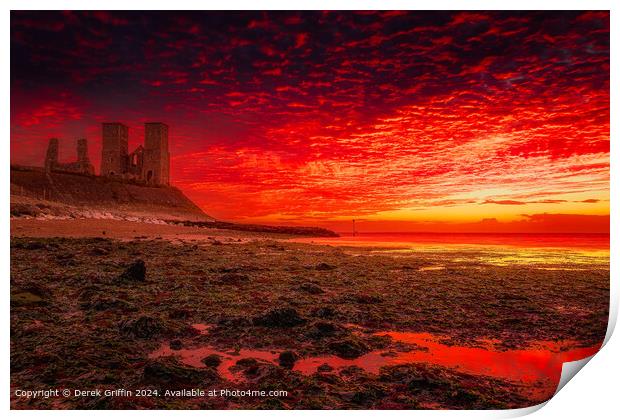 Blazing sunset over the historic Reculver Towers Print by Derek Griffin