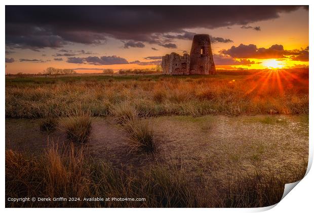 Sunset behind the ruins of St Benet's Abbey Print by Derek Griffin