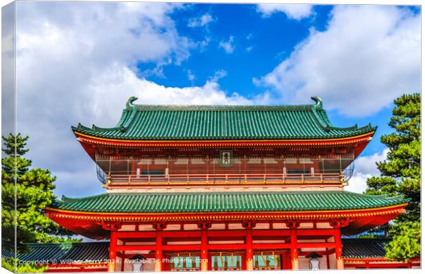 Red entrance gate Blue Skies white clouds Heian Shinto Shrine Kyoto Japan Canvas Print by William Perry