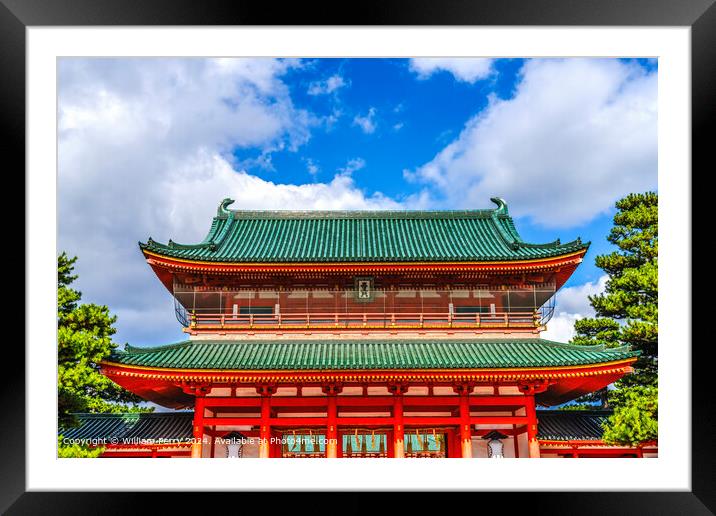 Red entrance gate Blue Skies white clouds Heian Shinto Shrine Kyoto Japan Framed Mounted Print by William Perry