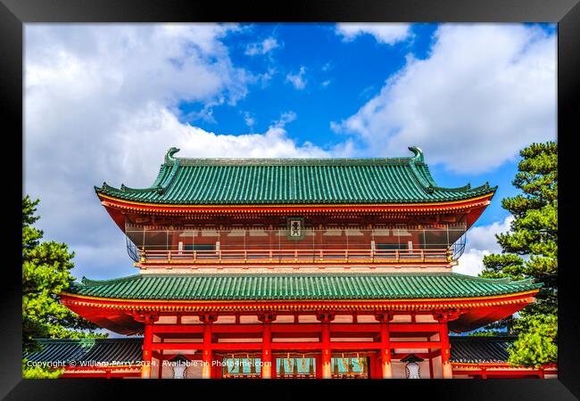 Red entrance gate Blue Skies white clouds Heian Shinto Shrine Kyoto Japan Framed Print by William Perry