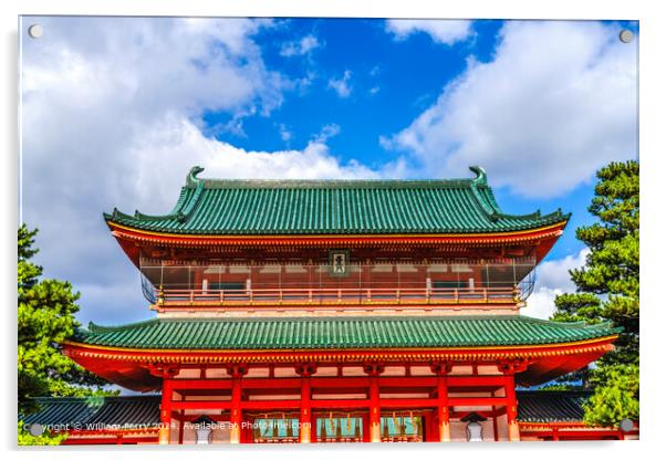 Red entrance gate Blue Skies white clouds Heian Shinto Shrine Kyoto Japan Acrylic by William Perry