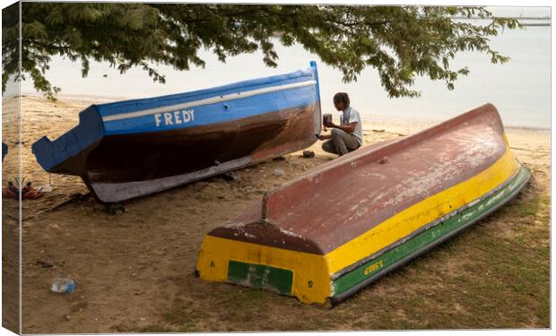 St Vincent Cape Verde fisherman and fishing boat Canvas Print by David French