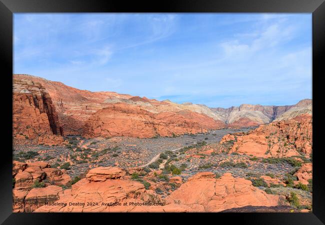 Beautiful Aerial View of the Snow Canyon Red Rock Landscape with Hiking Trail Framed Print by Madeleine Deaton