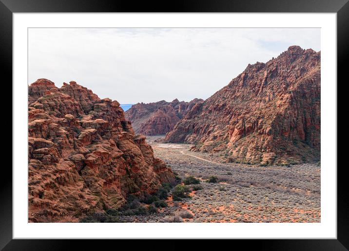 Aerial View of a Hiking Trail Surrounded by Red Rock Cliffs at Snow Canyon State Park Framed Mounted Print by Madeleine Deaton