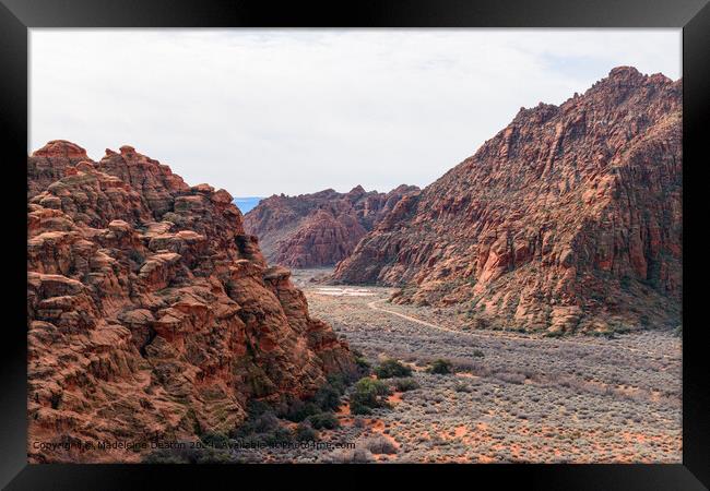 Aerial View of a Hiking Trail Surrounded by Red Rock Cliffs at Snow Canyon State Park Framed Print by Madeleine Deaton