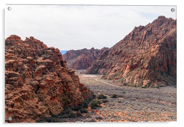 Aerial View of a Hiking Trail Surrounded by Red Rock Cliffs at Snow Canyon State Park Acrylic by Madeleine Deaton