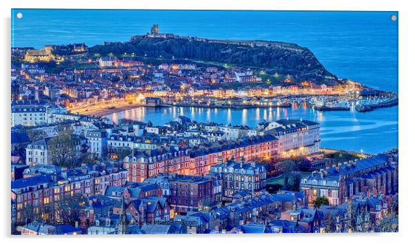 Blue hour in the Yorkshire coastal resort of Scarborough. Acrylic by Andrew Briggs