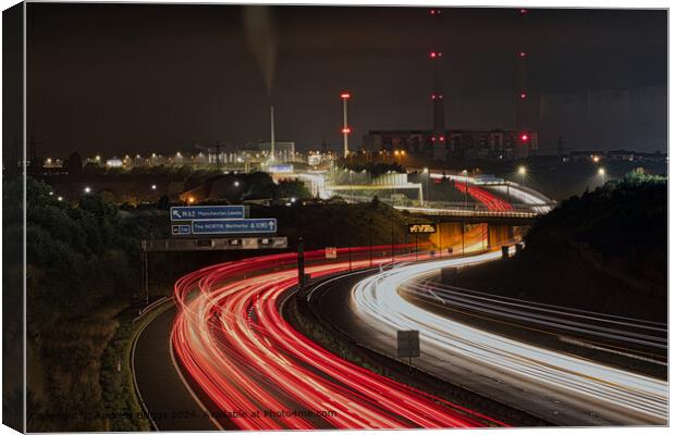 Ferrybridge light trails on the A1M in the north of England Canvas Print by Andrew Briggs