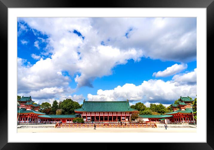 Red Main Hall Blue Skies White Clouds Heian Shinto Shrine Kyoto Japan Framed Mounted Print by William Perry