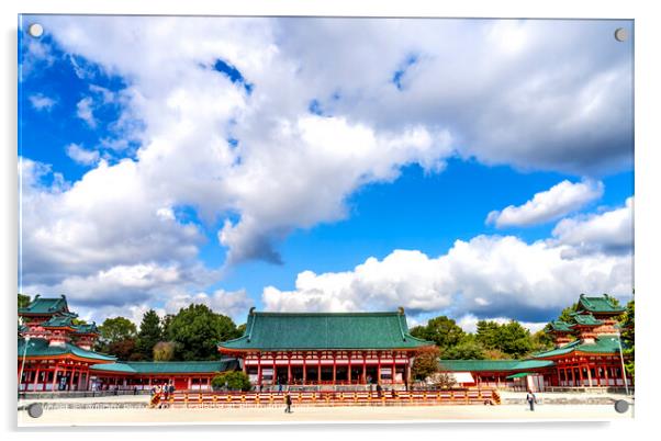 Red Main Hall Blue Skies White Clouds Heian Shinto Shrine Kyoto Japan Acrylic by William Perry
