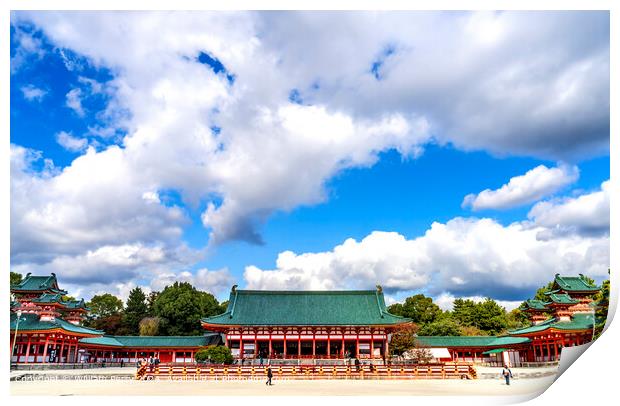 Red Main Hall Blue Skies White Clouds Heian Shinto Shrine Kyoto Japan Print by William Perry