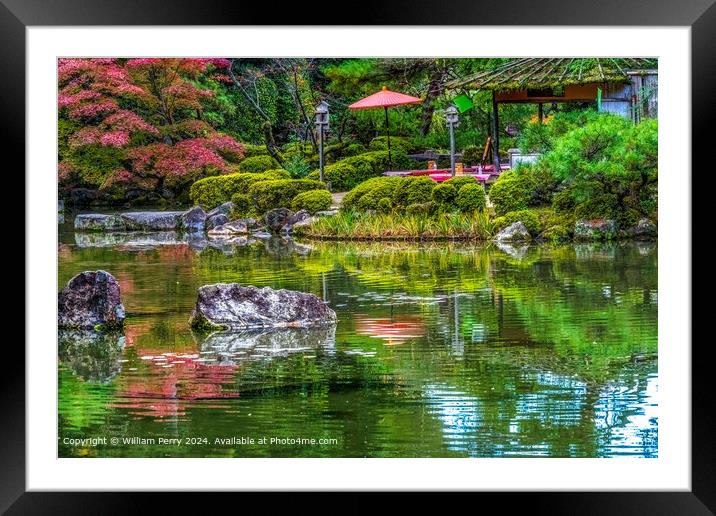 Colorful Teahouse Garden Water Reflection Heian Shrine Kyoto Framed Mounted Print by William Perry