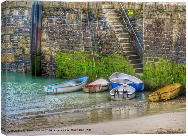 Five small fishing boats Newquay harbour  Canvas Print by Beryl Curran