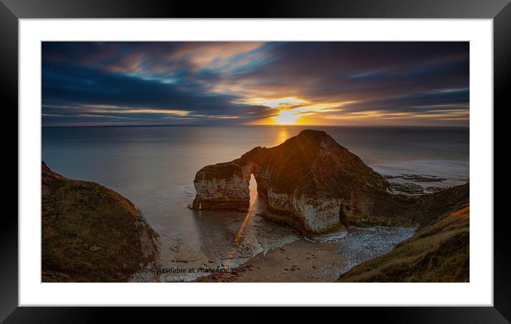 Sunrise at the Drinking Dinosaur at Flamborough on the Yorkshire coast. Framed Mounted Print by Andrew Briggs