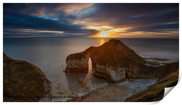Sunrise at the Drinking Dinosaur at Flamborough on the Yorkshire coast. Print by Andrew Briggs