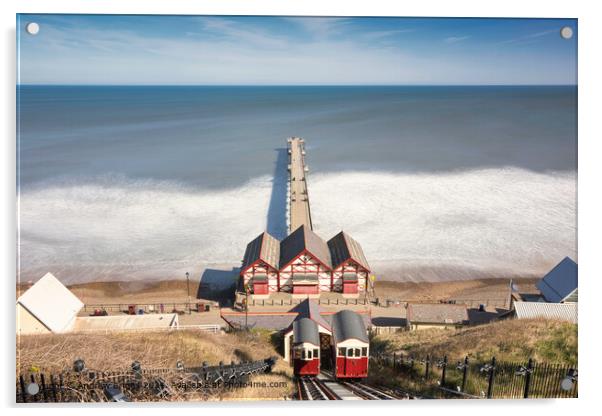 Saltburn-by-the-Sea cliff lift and pier. Acrylic by Andrew Briggs