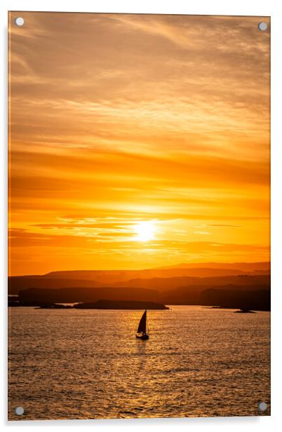 Sunset and a sail boat at Trearddur Bay  Acrylic by Gail Johnson