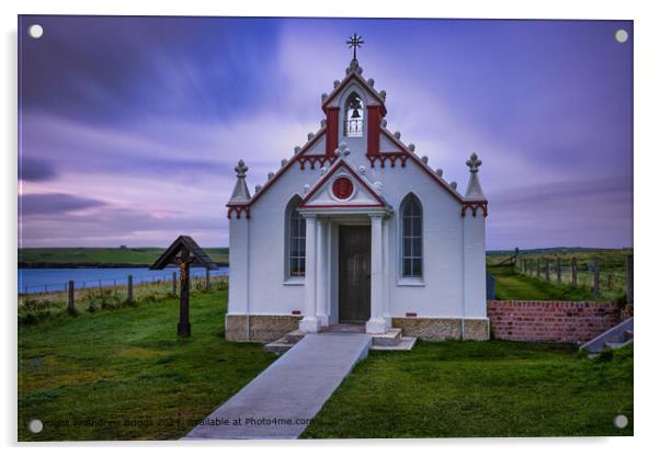 The Italian Chapel on the small island of Lamb Holm, Orkney, Scotland. Acrylic by Andrew Briggs