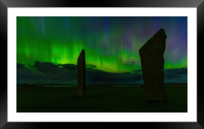 The aurora over the Standing Stones of Stenness, Orkney, Scotland. Framed Mounted Print by Andrew Briggs
