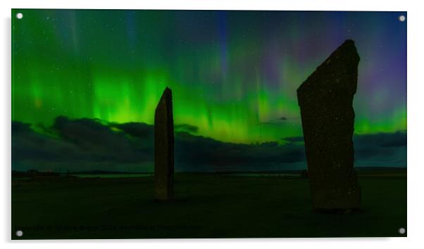 The aurora over the Standing Stones of Stenness, Orkney, Scotland. Acrylic by Andrew Briggs