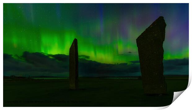 The aurora over the Standing Stones of Stenness, Orkney, Scotland. Print by Andrew Briggs