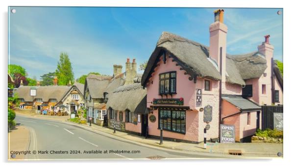 Beautiful pink thatched tea room.   Acrylic by Mark Chesters
