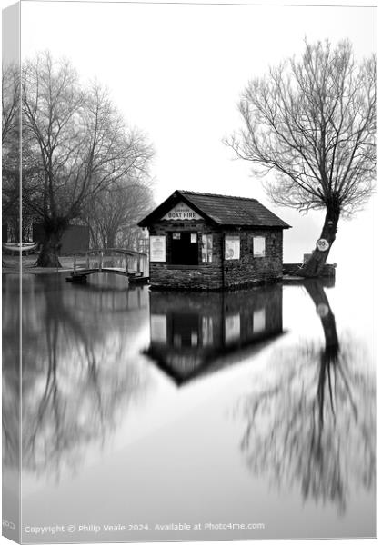 Boathouse in the mist on Llangorse Lake in Black a Canvas Print by Philip Veale