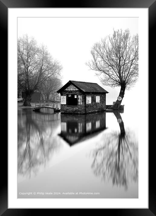 Boathouse in the mist on Llangorse Lake in Black a Framed Mounted Print by Philip Veale
