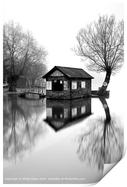 Boathouse in the mist on Llangorse Lake in Black a Print by Philip Veale