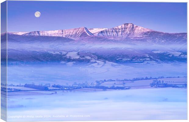 Brecon Beacons in winter under a full moon. Canvas Print by Philip Veale