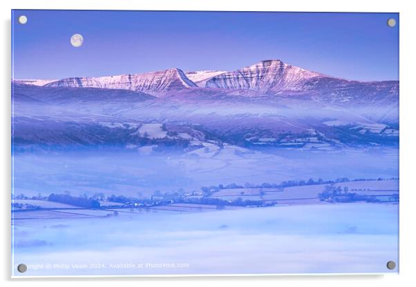 Brecon Beacons in winter under a full moon. Acrylic by Philip Veale