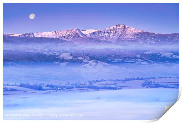Brecon Beacons in winter under a full moon. Print by Philip Veale