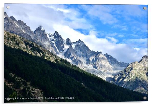 the greenery with the raw stoney mountains covered with snow Acrylic by Mansoor Sajjad