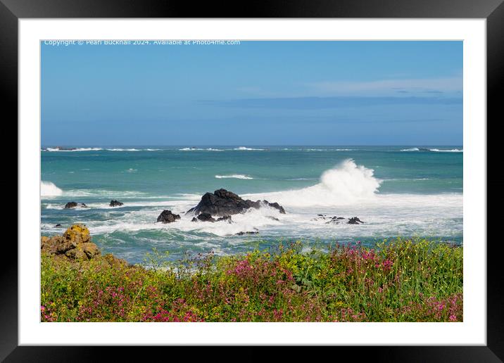 Rough Seas and Wildflowers on Guernsey Coast Framed Mounted Print by Pearl Bucknall