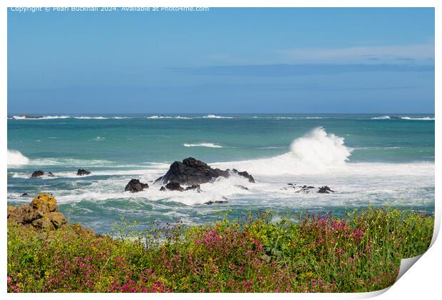 Rough Seas and Wildflowers on Guernsey Coast Print by Pearl Bucknall