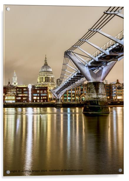 St Paul's Cathedral and the Millennium Bridge in London. Acrylic by Andrew Briggs