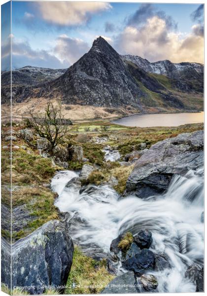 Tryfan Mountain from the Afon Lloer at the end of the day. Canvas Print by Philip Veale