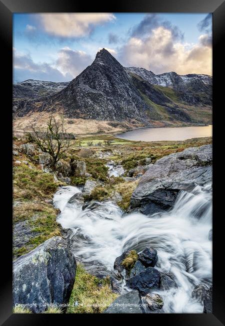 Tryfan Mountain from the Afon Lloer at the end of the day. Framed Print by Philip Veale