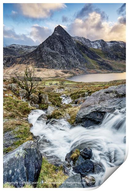 Tryfan Mountain from the Afon Lloer at the end of the day. Print by Philip Veale