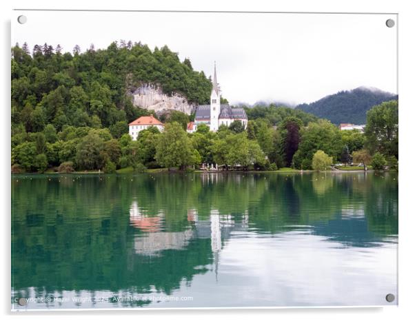 Shows St Martin's Church on the shore of Lake Bled Acrylic by Hazel Wright