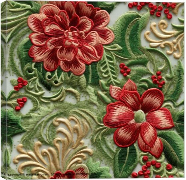 Embroided seamless pattern tile with red flowers Canvas Print by Mirjana Bogicevic