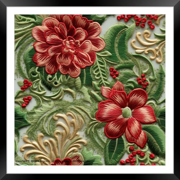 Embroided seamless pattern tile with red flowers Framed Mounted Print by Mirjana Bogicevic