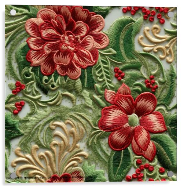 Embroided seamless pattern tile with red flowers Acrylic by Mirjana Bogicevic