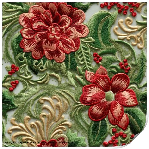 Embroided seamless pattern tile with red flowers Print by Mirjana Bogicevic