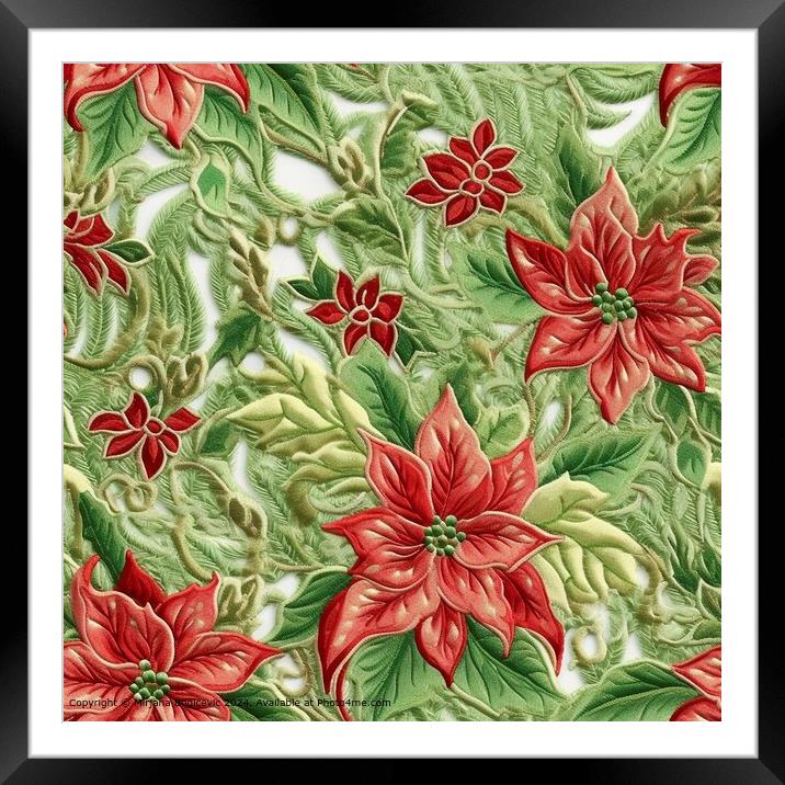 Embroided seamless pattern with red flowers Framed Mounted Print by Mirjana Bogicevic