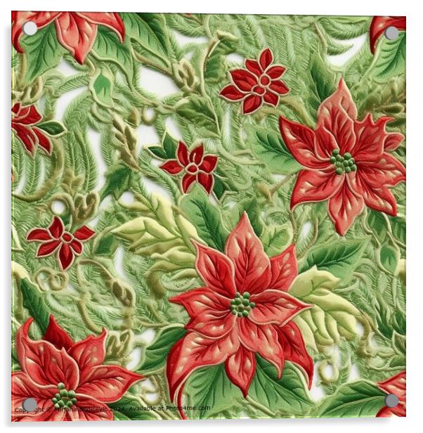 Embroided seamless pattern with red flowers Acrylic by Mirjana Bogicevic