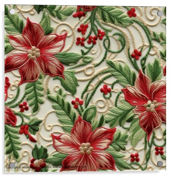 Embroided seamless pattern tile with red flower Acrylic by Mirjana Bogicevic